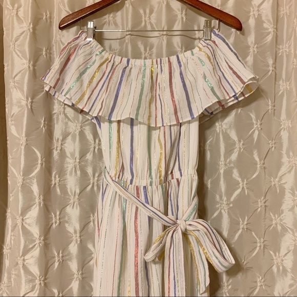 GAP Strapless White Pastel Metallic Stripe Ruffle Dress - Picture 4 of 13